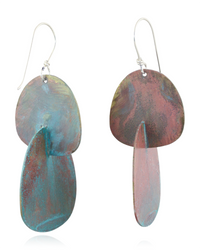 Pair of earrings with multicolored minty pink oval organic shapes on a white background.