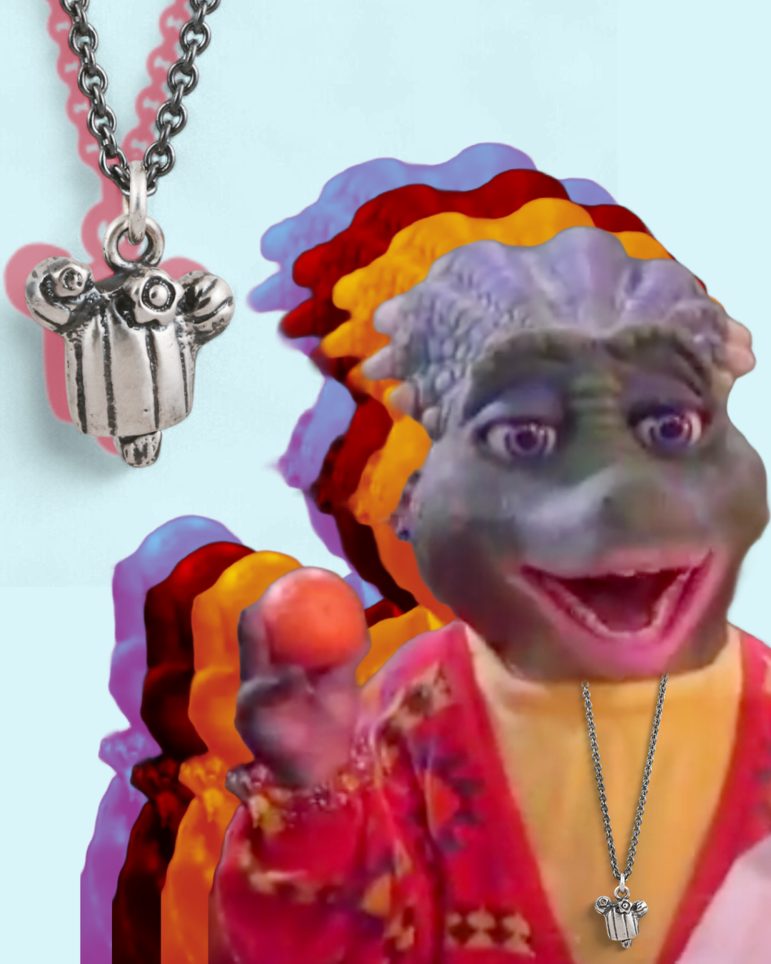 Meme of Lauren Anabela's inspirational characters wearing her handmade jewelry.  This meme features 90's Dinosaurs TV show character Charlene Sinclair wearing Lauren Anabela's Cactus Cutie POPcicle Pendant.