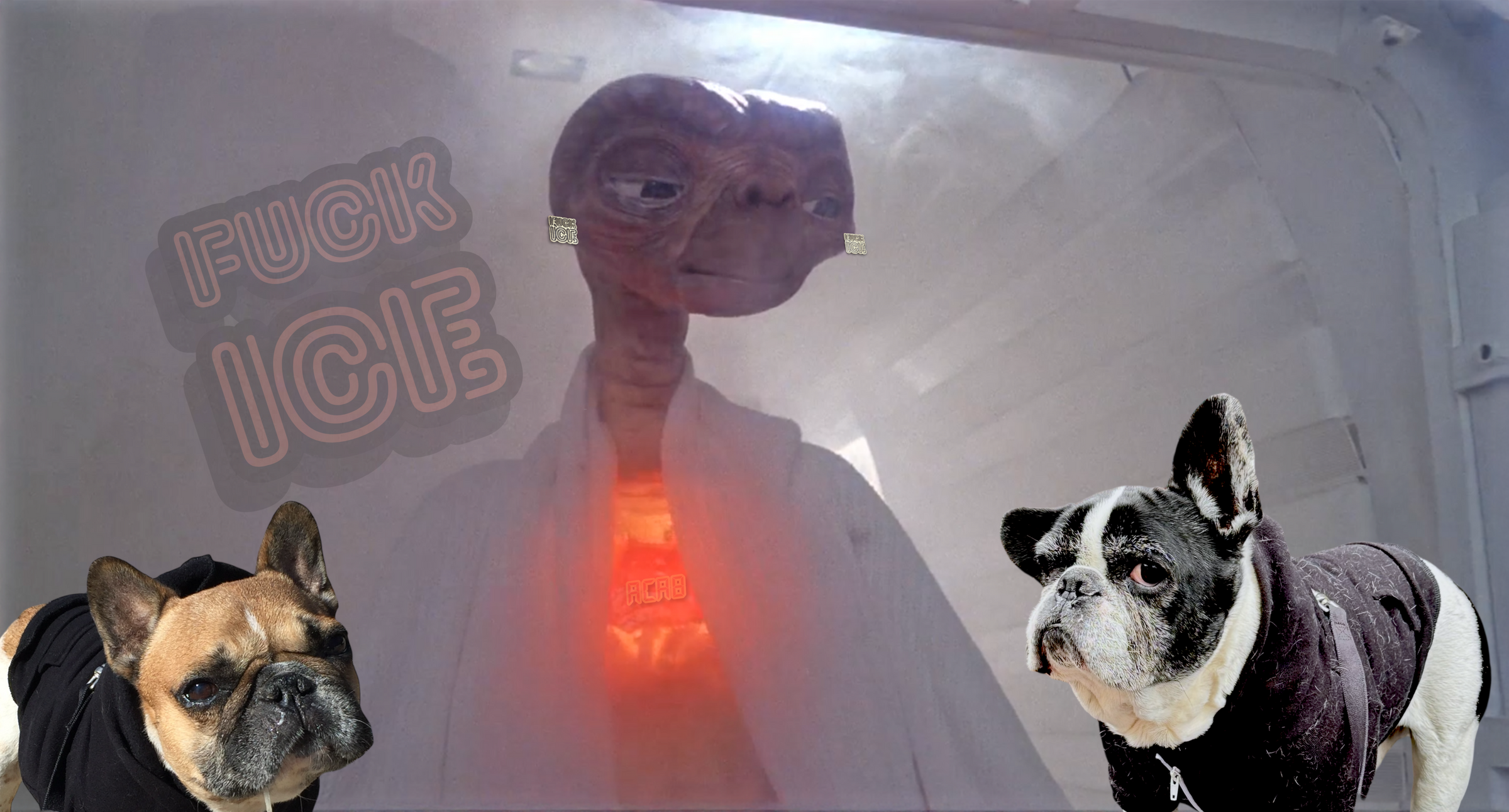 Characters Wear CD Meme: The Extra Terrestrial wearing F*CK ICE ear studs and two frenchies on the sides in hoodies.  
