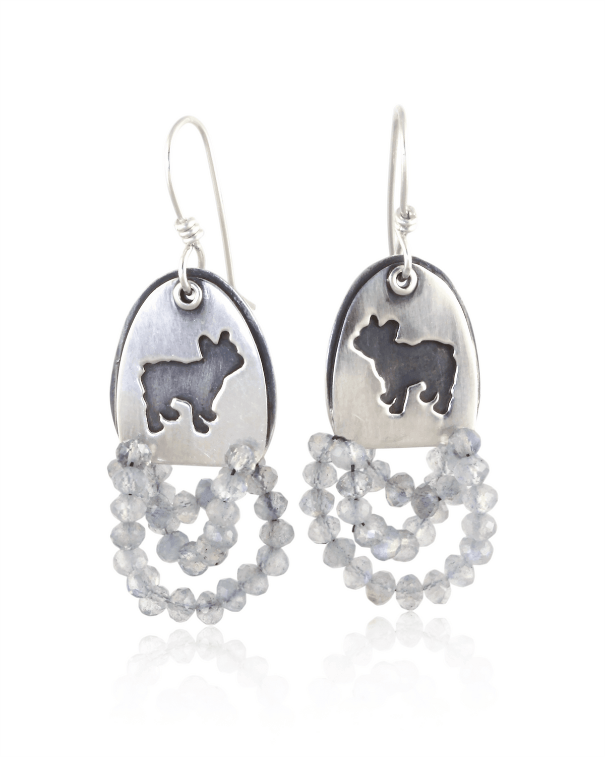 Fun drop dangle earrings featuring a french bulldog silhouette on halved double oval shape that has a trail of labradorite bubble beaded stones.