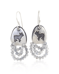 Fun drop dangle earrings featuring a french bulldog silhouette on halved double oval shape that has a trail of labradorite bubble beaded stones.