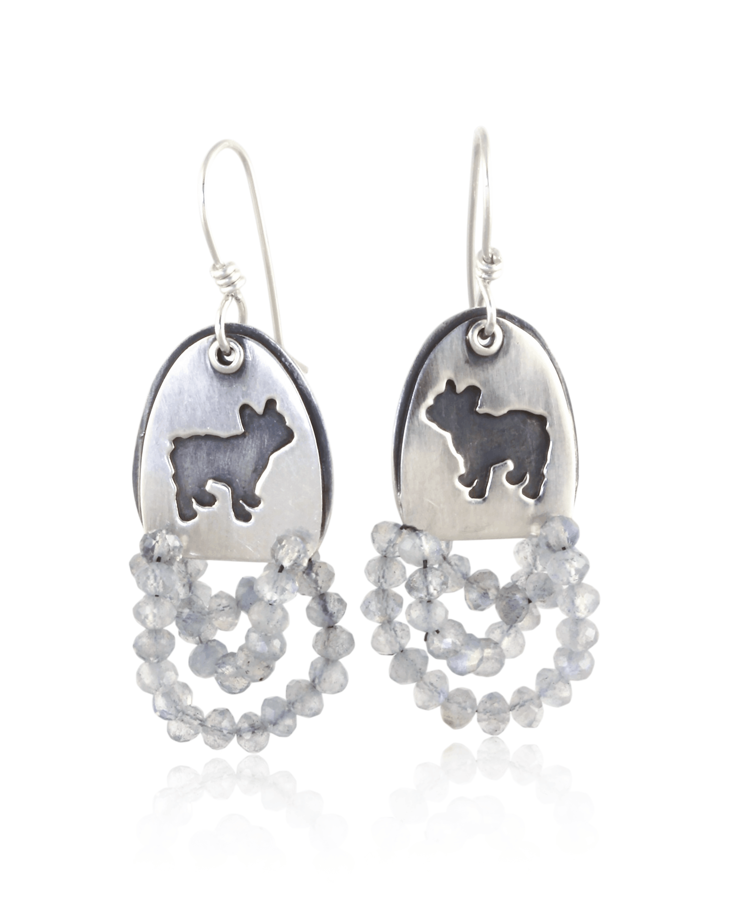Fun drop dangle earrings featuring a french bulldog silhouette on halved double oval shape that has a trail of labradorite bubble beaded stones.
