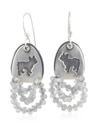 Fun drop dangle earrings featuring a french bulldog silhouette on halved double oval shape that has a trail of labradorite bubble beaded stones.