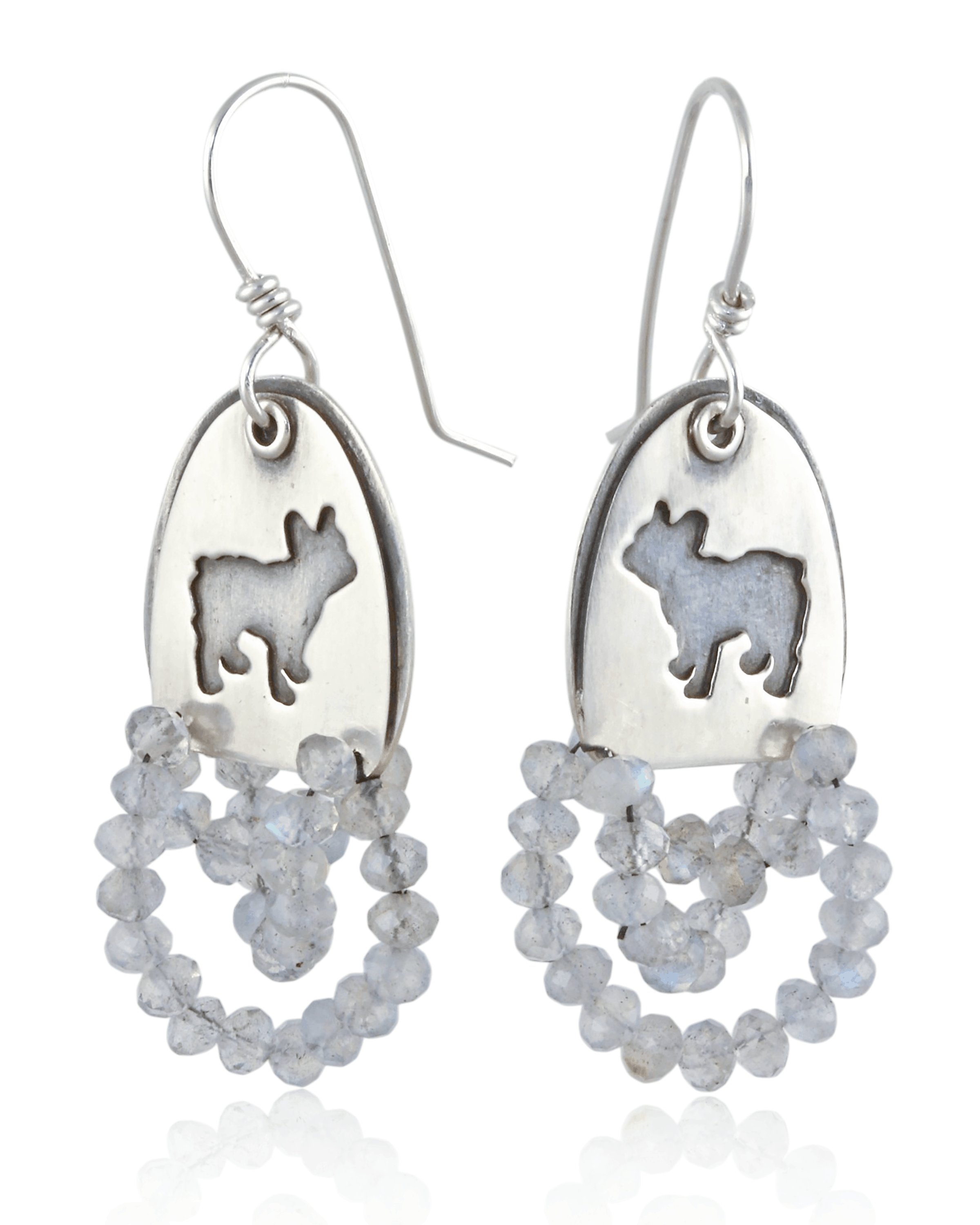 Fun drop dangle earrings featuring a french bulldog silhouette on halved double oval shape that has a trail of labradorite bubble beaded stones.