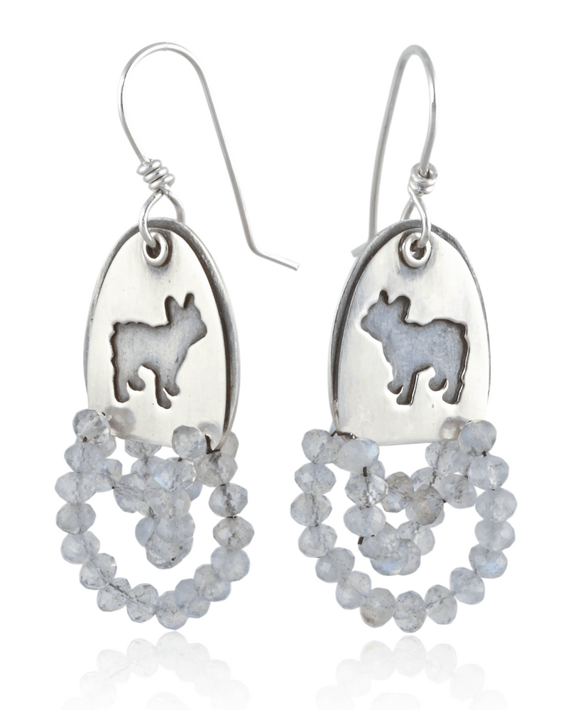Fun drop dangle earrings featuring a french bulldog silhouette on halved double oval shape that has a trail of labradorite bubble beaded stones.