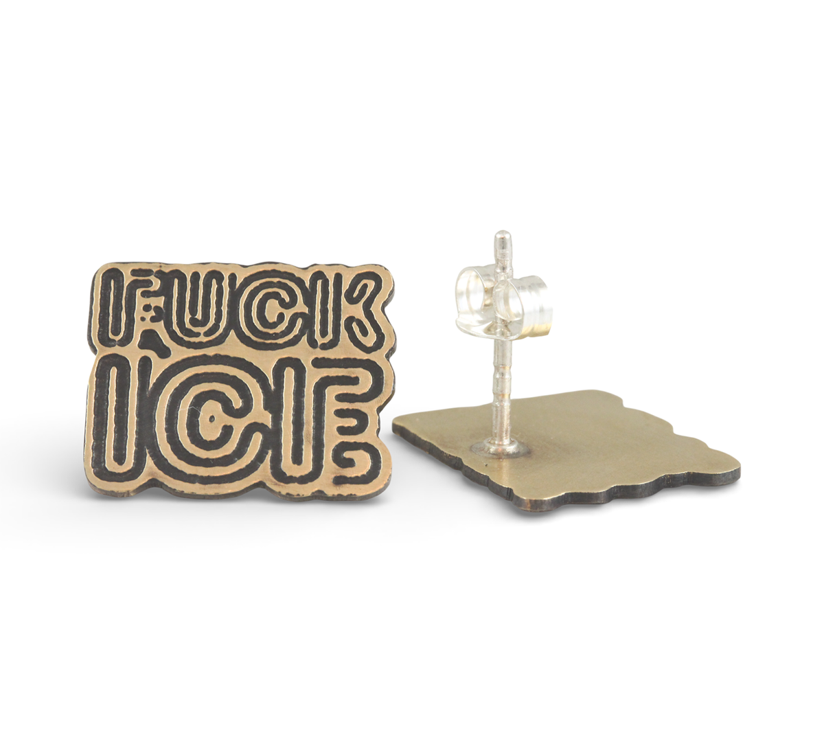 Two metallic 'FUCK ICE' earrings on a white background. Front and Back View