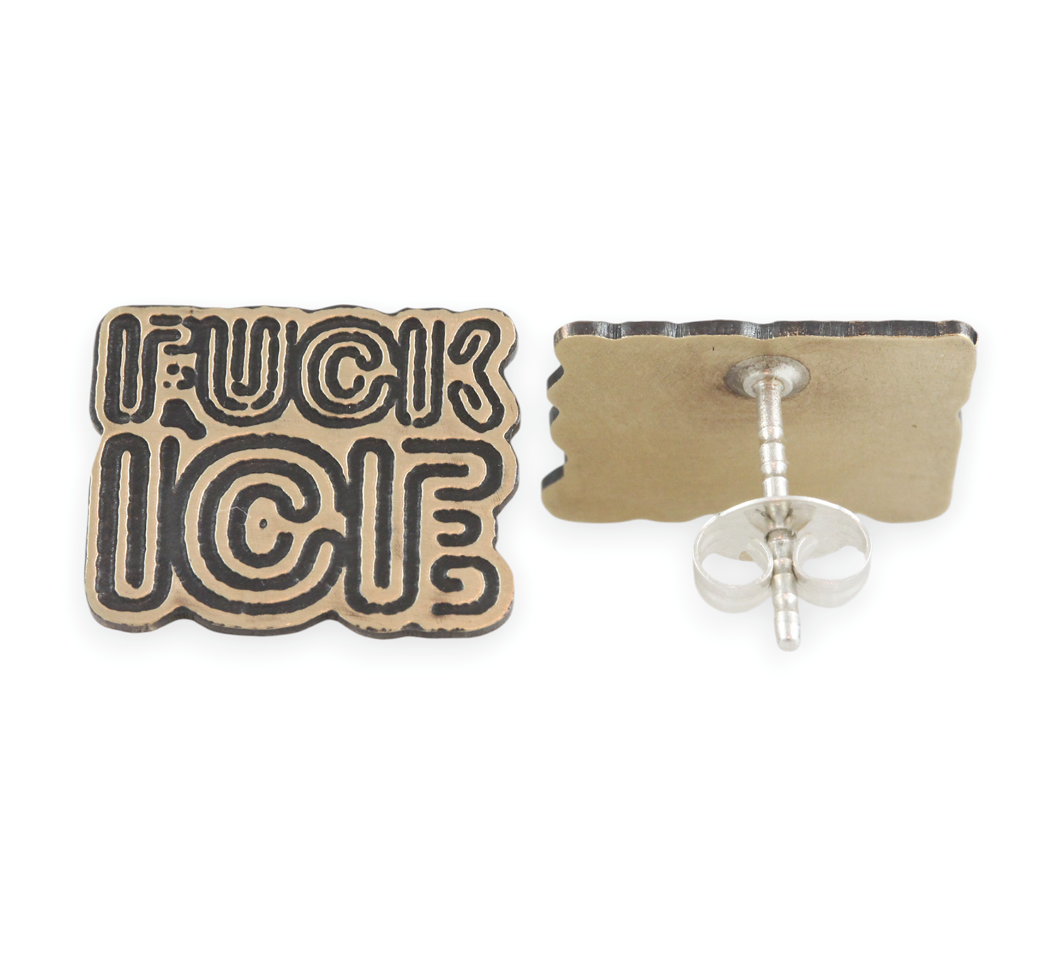 Two metallic 'FUCK ICE' earrings on a white background. Front and Back View 2