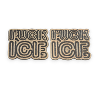 Two metallic 'FUCK ICE' earrings on a white background. Front View