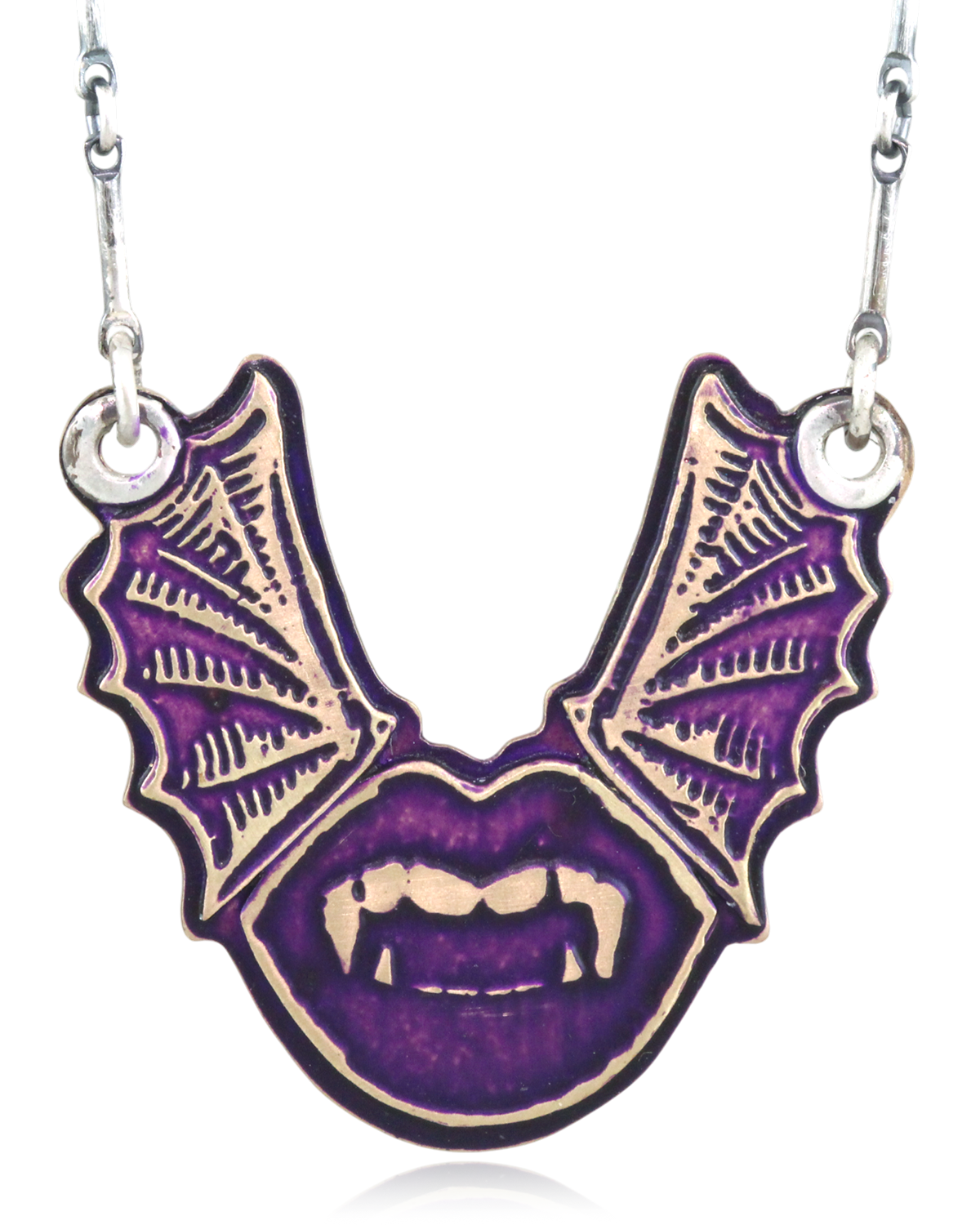 Necklace with a purple and gold bat-shaped pendant with vampire lips on a white background