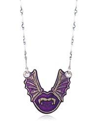 Necklace with a purple and gold bat-shaped pendant with vampire lips on a white background