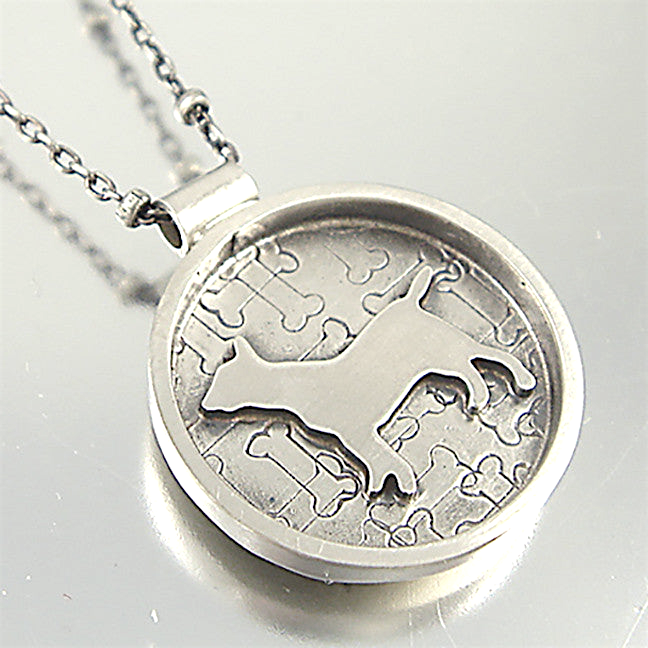 Sterling silver Bull Terrier necklace pendant with bone pattern and oxidized finish on an 18-inch cable chain