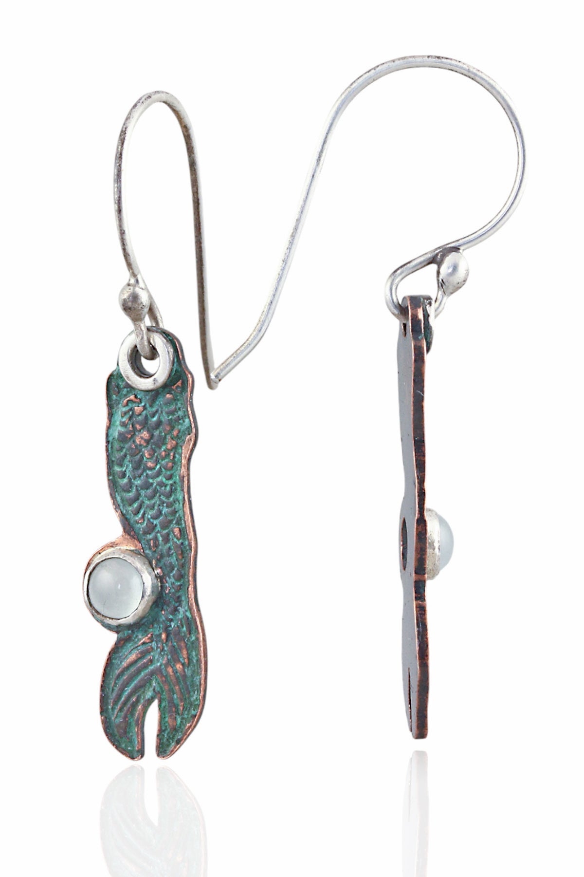 Turquoise mermaid tail dangle earrings with mini aquamarine 'bubble' cabochons on a white background. - Front and Side View