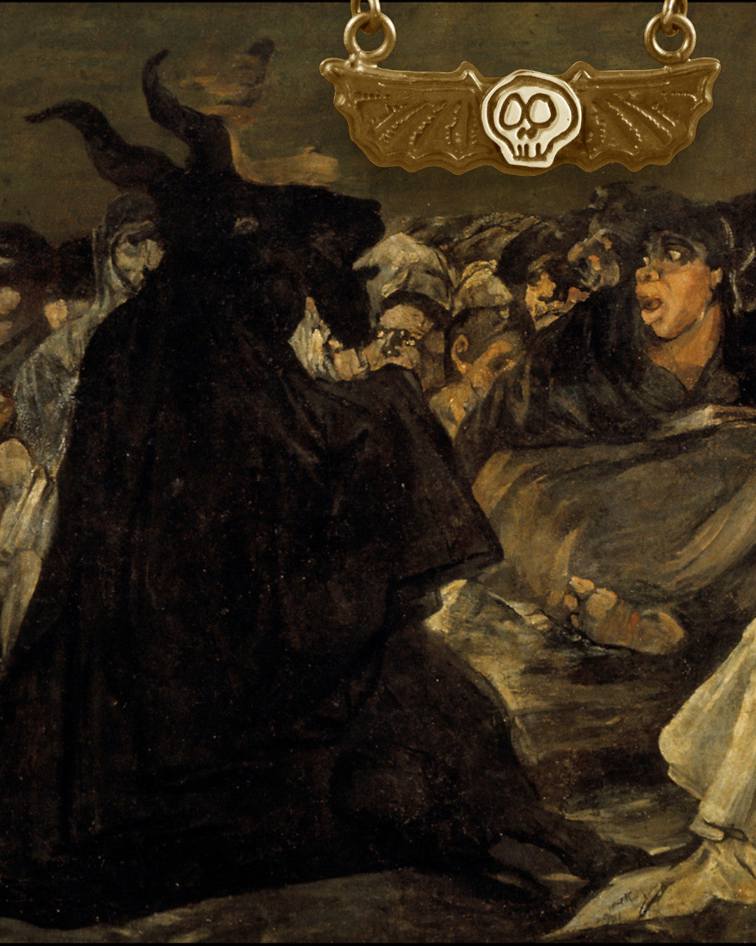 Creative Dexterity Meme Mashup:

Francisco de Goya y Lucientes - Witches' Sabbath (The_Great_He-Goat): A dark, painterly scene showing a large black goat-like figure with horns facing a crowd of frightened people. 

Creative Dexterity's piece photoshopped in the painting: A gold winged pendant with a skull emblem hangs from the top of the frame against a dark background.