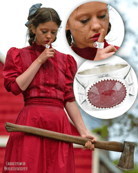 Characters Wear Creative Dexterity: Pearl (Mia Goth)  in a red dress holding an axe wearing a ring, with close-up insets of Pearl wearing the Strawberry Quartz Leaf Ring.