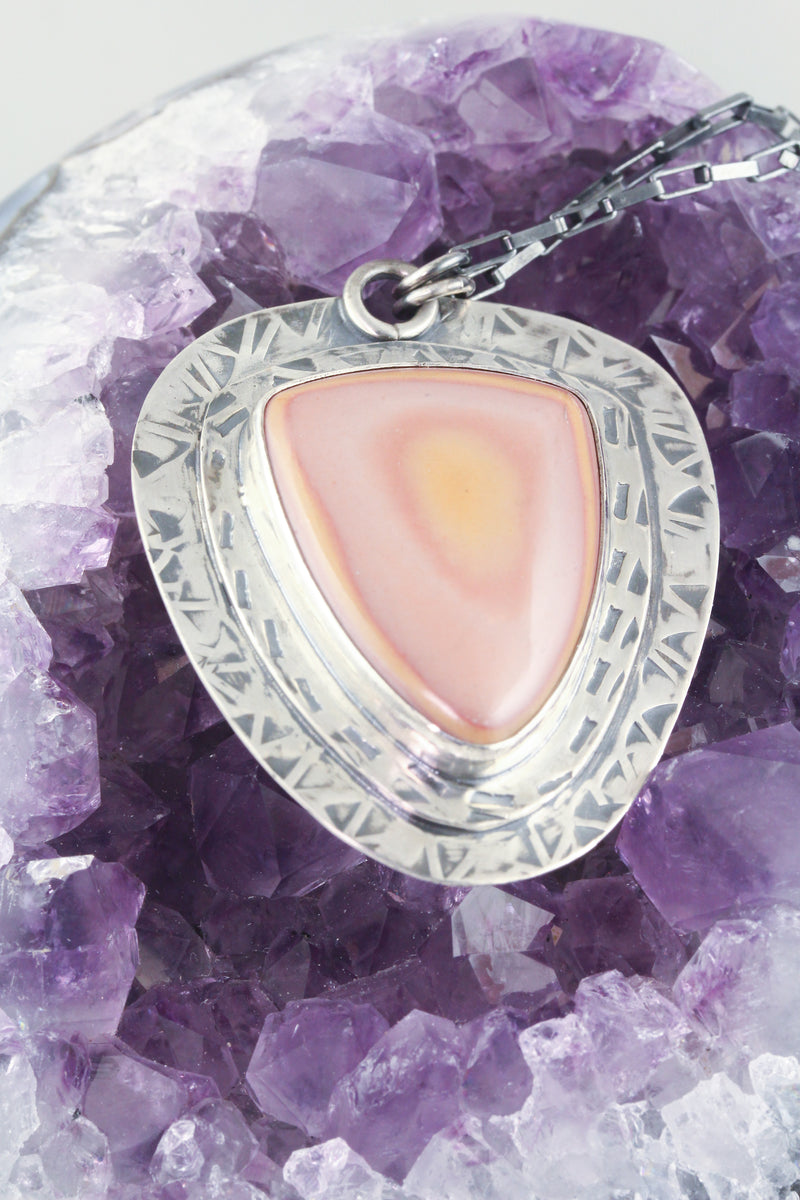 Pink Wonderstone Shield Pendant by CreativeDexterity - closeup