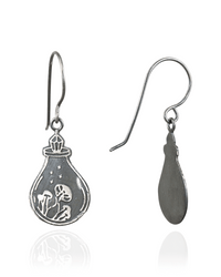 Silver earrings with a design of a potion bottle, with a crystal top, containing a mushrooms on a white background.