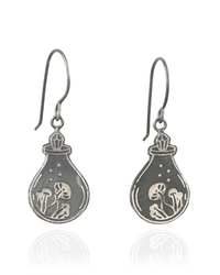 Silver earrings with a design of a potion bottle, with a crystal top, containing a mushrooms on a white background.