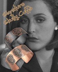 Photoshopped Flier for my Signature Skully Cuffs featuring two skull pattern cuffs bracelets with agent Dana Skully in the background.