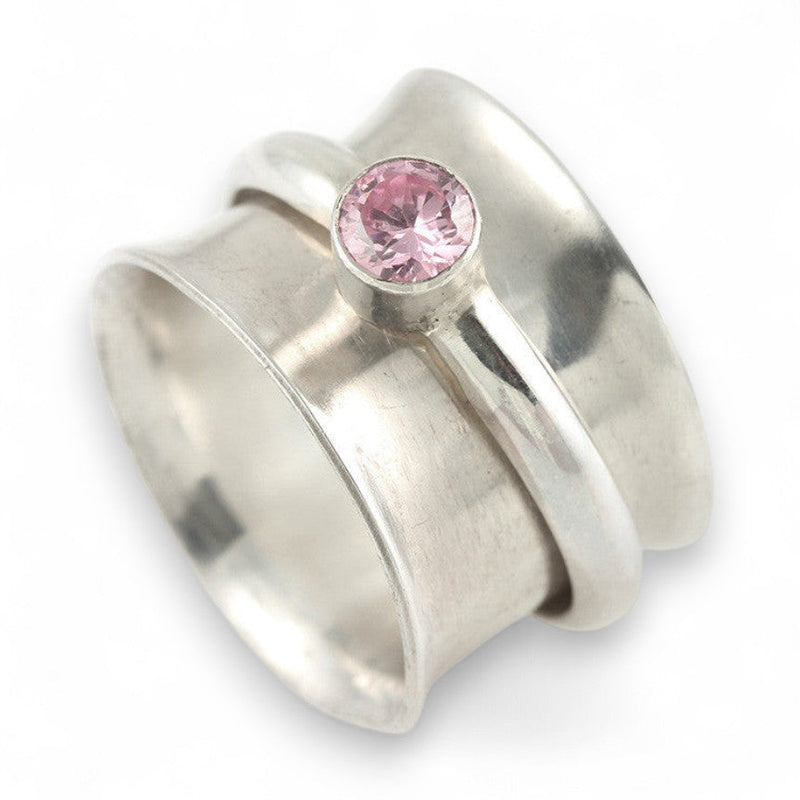Pink CZ spinner ring size 7.25 sterling silver band with 5mm pink cubic zirconia stone