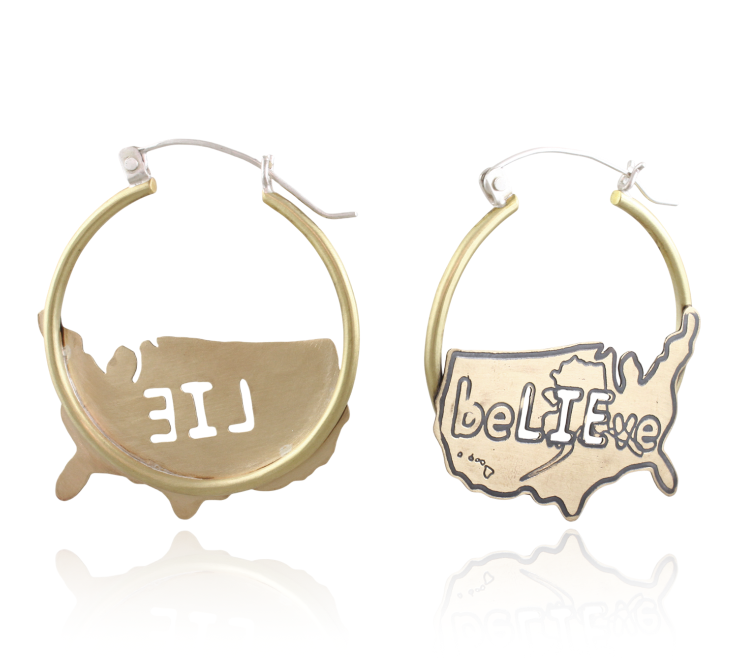 Gold and silver hoop earrings with 'LIE' text mirrored and 'beLIEve' on a white background