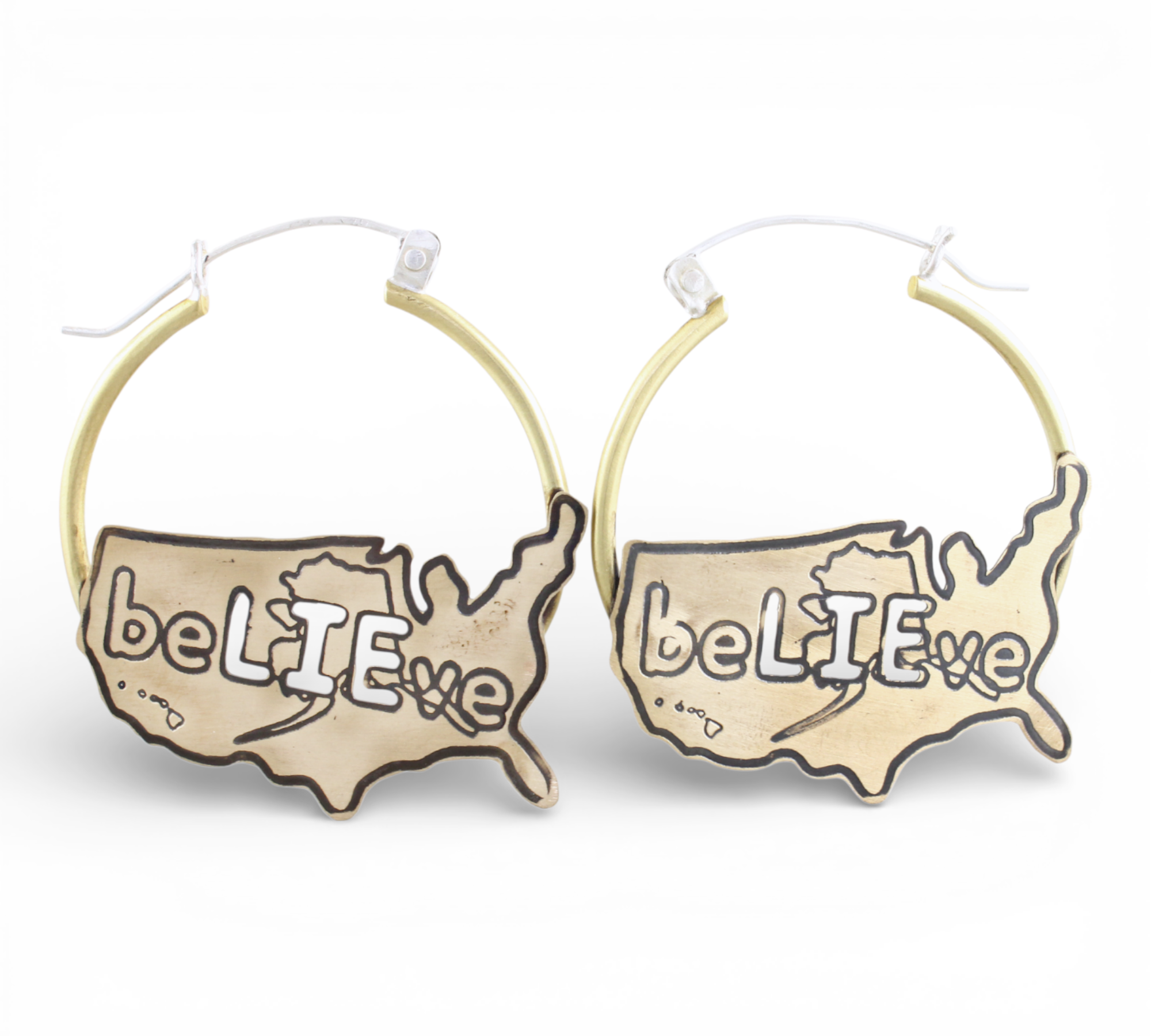 Gold hoop earrings with USA map design and 'beLIEve' text on a white background