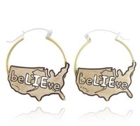 Hoop earrings with 'belIEve' USA map design on a white background