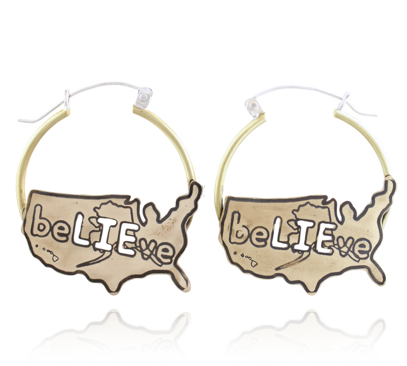 Hoop earrings with 'belIEve' USA map design on a white background