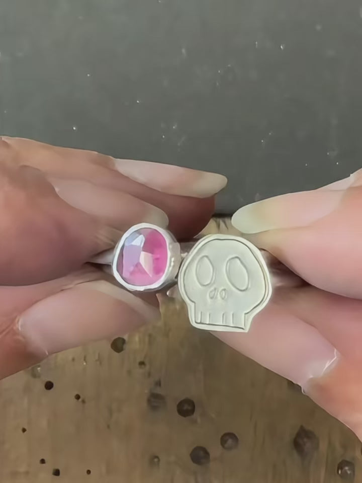 Pink Tourmaline Skull Stackable Ring: Size 10.5
