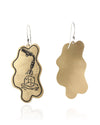 Pair of handmade and designed brass earrings with statement design on a white background. v1 Front and Back.