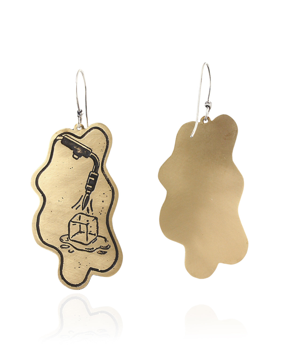 Pair of handmade and designed brass earrings with statement design on a white background. v1 Front and Back.