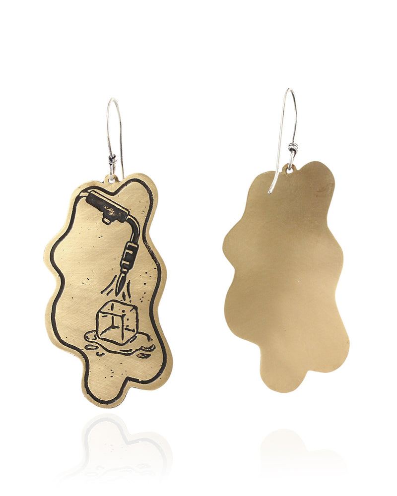 Pair of handmade and designed brass earrings with statement design on a white background. v1 Front and Back.