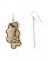 Pair of handmade and designed brass earrings with statement design on a white background. v1 Front and Side.