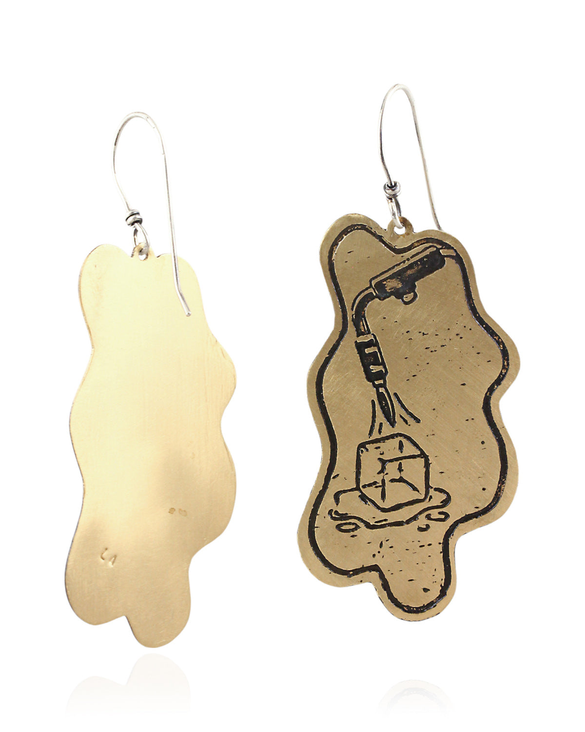 Pair of handmade and designed brass earrings with statement design on a white background. v1 Back and Front.