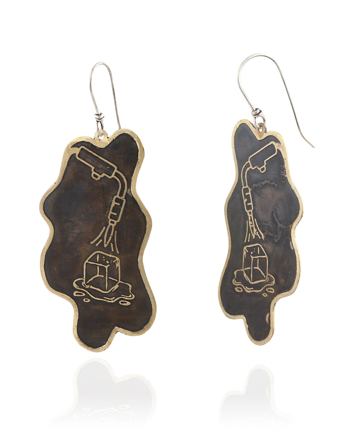 Pair of handmade and designed brass earrings with statement design on a white background. v2 Front and Side.