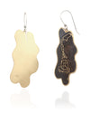 Pair of handmade and designed brass earrings with statement design on a white background. v2 Back and Side.