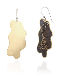 Pair of handmade and designed brass earrings with statement design on a white background. v2 Back and Side.