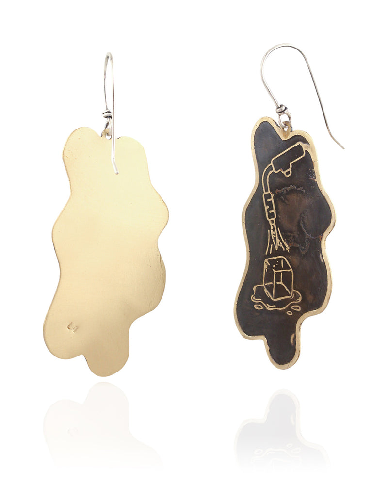 Pair of handmade and designed brass earrings with statement design on a white background. v2 Back and Side.