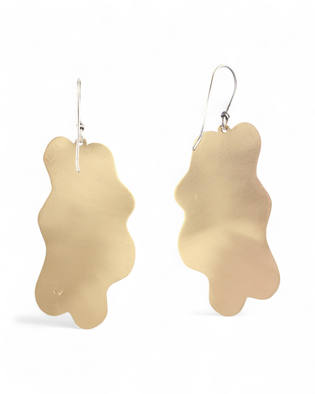 Pair of handmade and designed brass earrings on a white background. v2 Back.