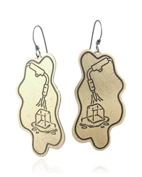 Pair of handmade and designed brass earrings on a white background. Front View. v3