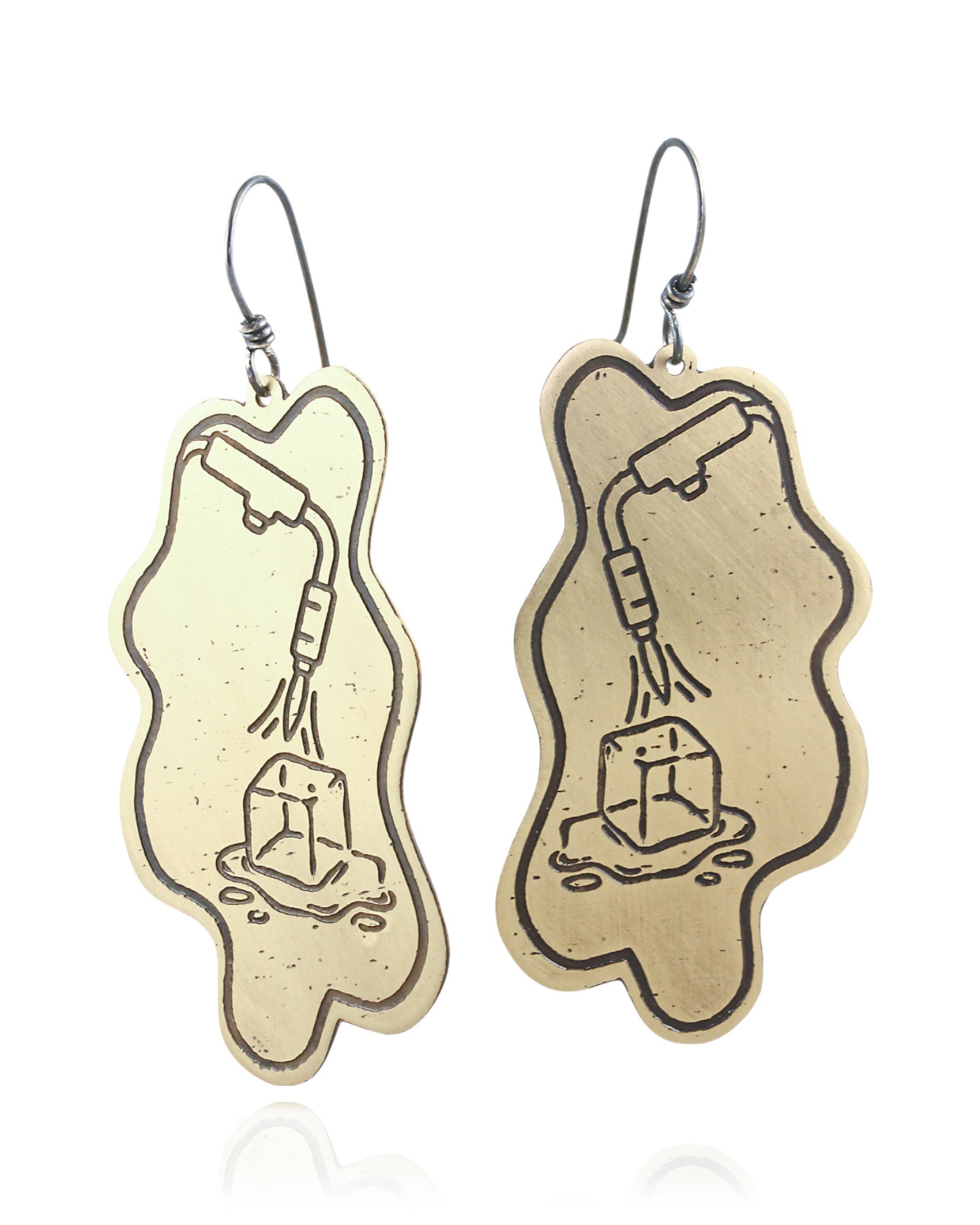 Pair of handmade and designed brass earrings on a white background. Front View. v3
