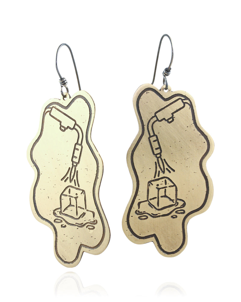 Pair of handmade and designed brass earrings on a white background. Front View. v3
