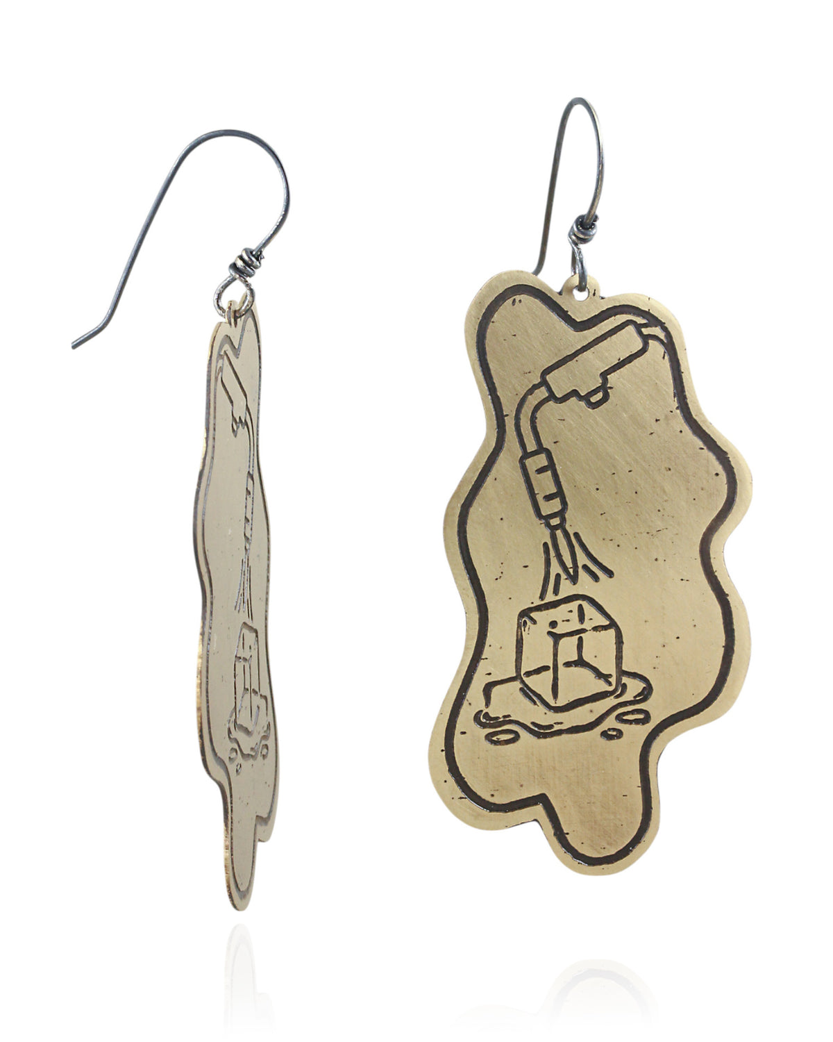 Pair of handmade and designed brass earrings on a white background. Side and Front View. v3