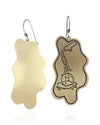 Pair of handmade and designed brass earrings on a white background. Front View. v3
