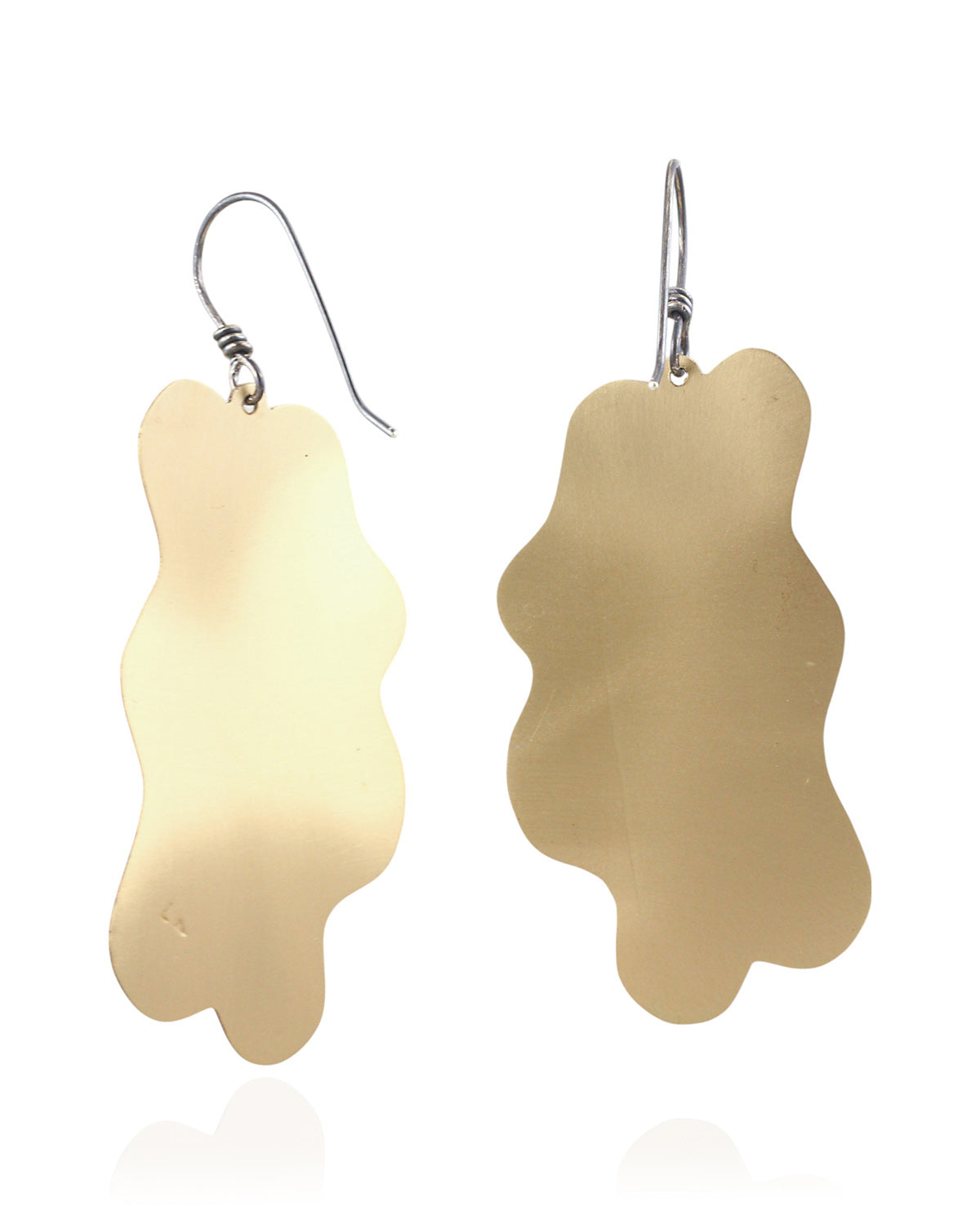 Pair of handmade and designed brass earrings on a white background. Back View. v3