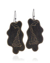 Pair of handmade and designed brass earrings with statement design on a white background. v4 Front.