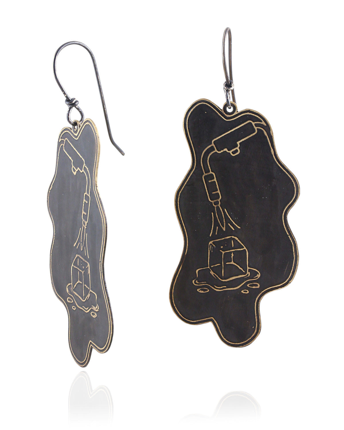 Pair of handmade and designed brass earrings with statement design on a white background. v4 Side and Front.