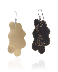 Pair of handmade and designed brass earrings with statement design on a white background. v4 Back and Front.