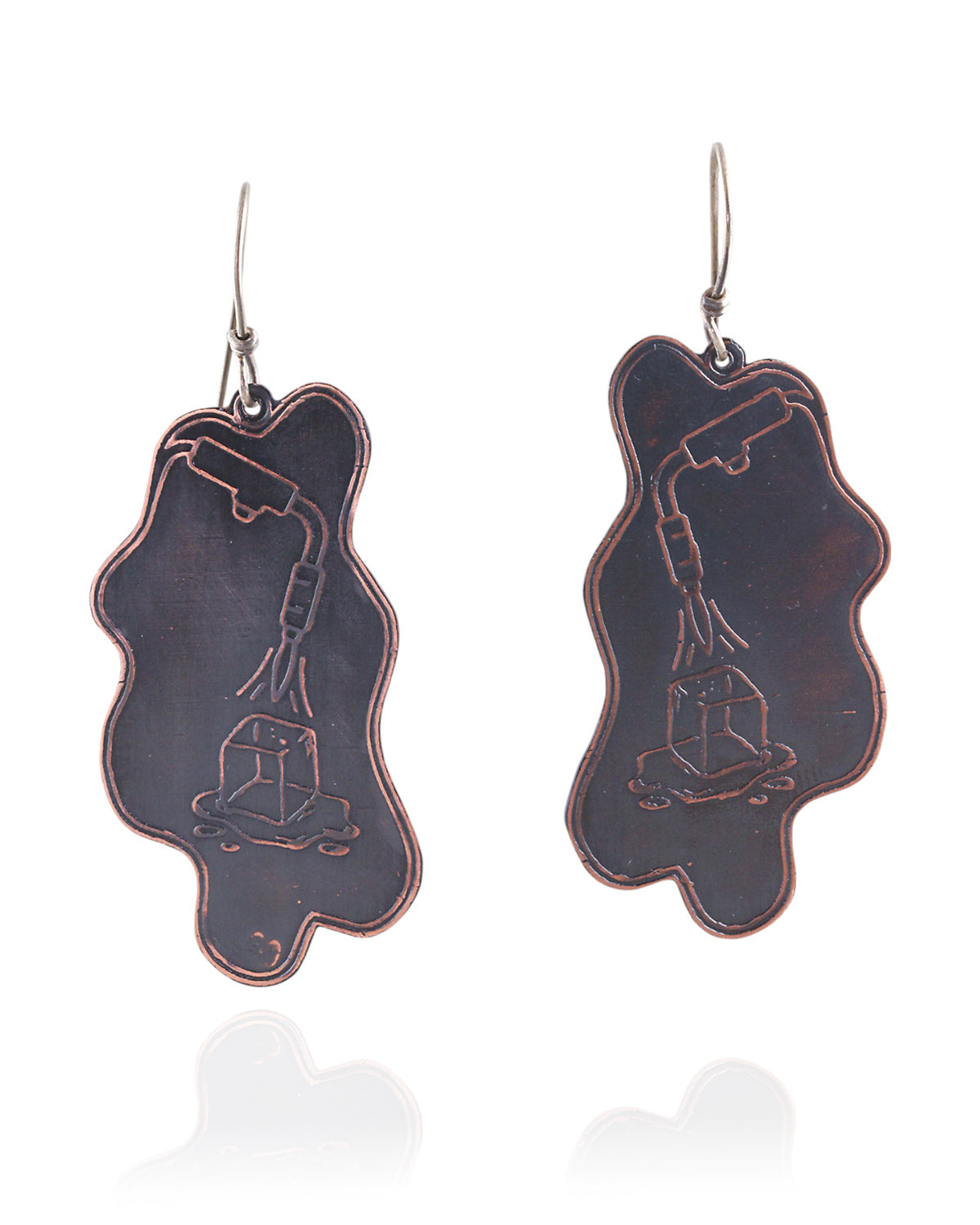 Pair of handmade and designed copper earrings on a white background. Front View. v4-small size