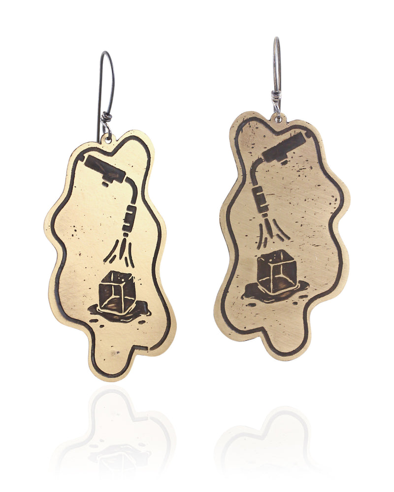 Pair of handmade and designed brass earrings on a white background. v5 Front.
