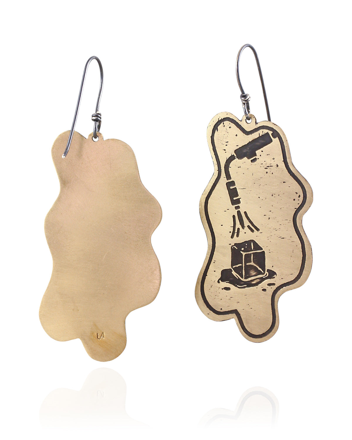 Pair of handmade and designed brass earrings on a white background. Back and Front. v5